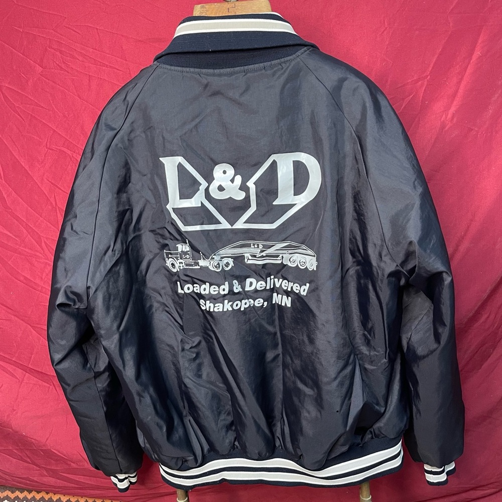 Vintage Butwin Trucker USA Made Black Satin Snap Jacket L&D Shakopee MN XL